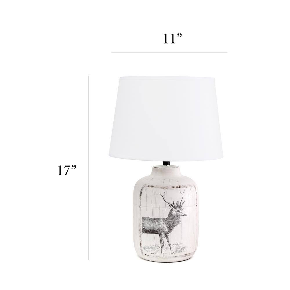 White Ceramic Deer Print Nightstand Lamp with Linen Shade