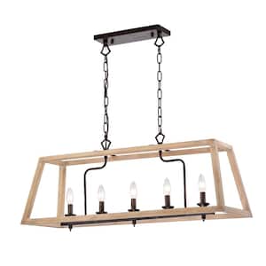 Penelope French Country 5-Light Antique White and Rust Iron Farmhouse Linear Island Hanging Chandelier for Kitchen