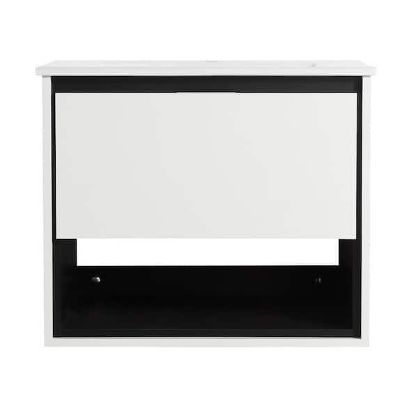 HBEZON JIM 24 in. W x 18.31 in. D x 20.28 in. H Floating Bath Vanity in White with White Integrated Ceramic Top Drawer & Shelf
