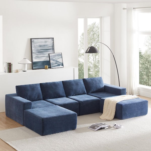 Luxury Collection 110 in. Sqare Arm 6-piece U-Shaped Chenille Modular Fully Compressed Sectional Sofa in. Navy Blue