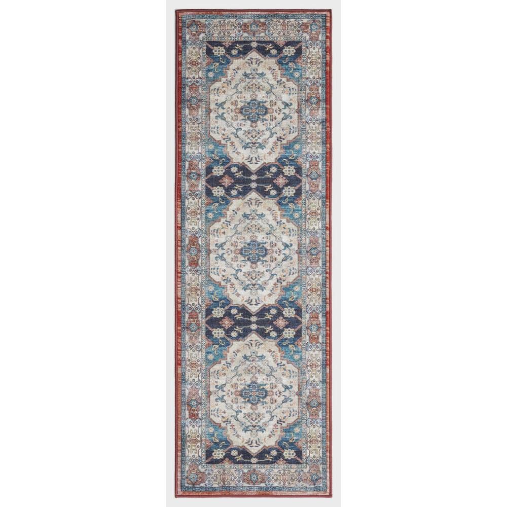 Ivory and Navy Medallion Polyester Washable Area Rug