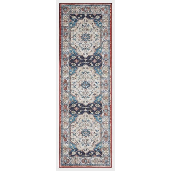 Eden Collection Ocean Medallion Navy 3 ft. x 9 ft. Machine Washable Traditional Indoor Area Rug