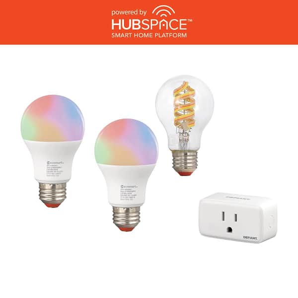 Beginner Bundle: 2 Smart A19 Light Bulbs, Smart Clear Glass A19 Light Bulb, Smart Single Plug Timer, Powered by Hubspace