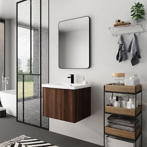 24 in. W x 18 in. D x 19.3 in. H Walnut Bathroom Vanity with Resin Top with White Sink, Float Mounting Design