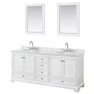 Deborah 80 in. Double Vanity in White with Marble Vanity Top in White Carrara with White Basins and 24 in. Mirrors