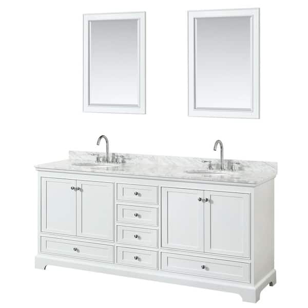 Wyndham Collection Deborah 80 in. Double Vanity in White with Marble Vanity Top in White Carrara with White Basins and 24 in. Mirrors