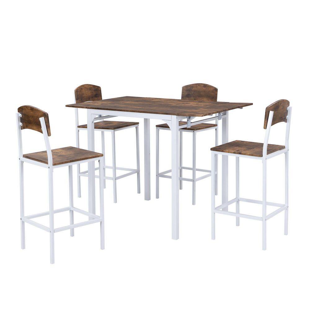 5-piece counter height dining set with rustic brown tabletop and white metal frames