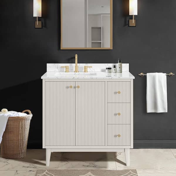 Sylvie 36 in. Single Sink Fluted Dove Bathroom Vanity with Volakas Engineered Stone Top (Assembled)