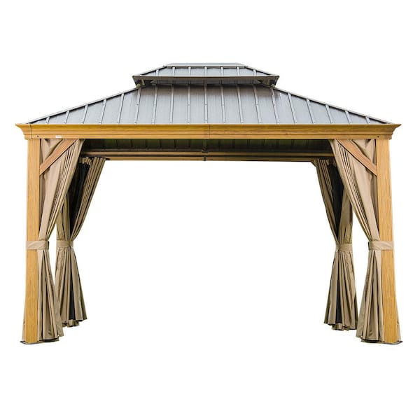 10 ft. x 12 ft. Outdoor Yellow Brown Aluminum Hardtop Gazebo with Galvanized Steel Double Roof with Curtain and Netting