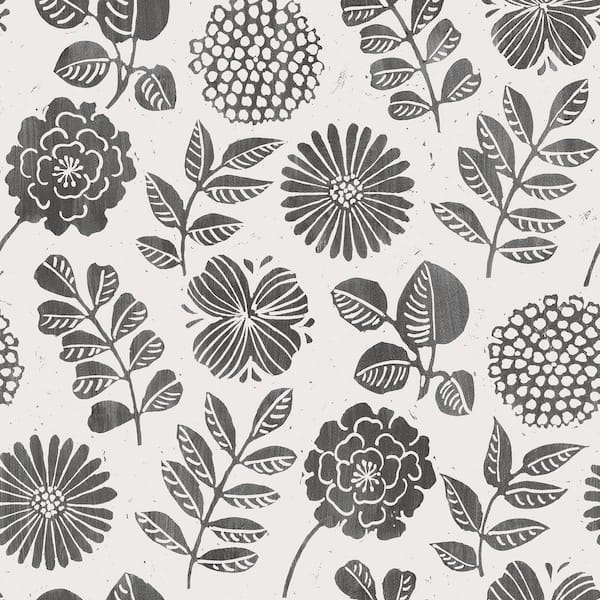 A-Street Prints Inge Black Floral Block Print Wallpaper Sample