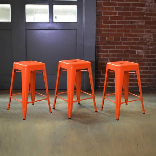 24 in. Orange Metal, Backless, Stackable Bar Stool (Set of 3)