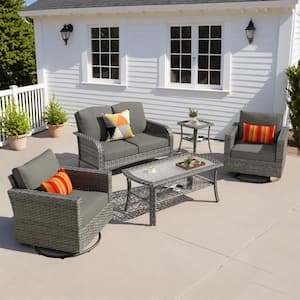 Missisi Gray 5-Piece Wicker Patio Conversation Set with Black Cushions and Swivel Chairs