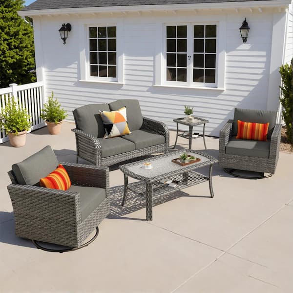 OVIOS Missisi Gray 5-Piece Wicker Patio Conversation Set with Black Cushions and Swivel Chairs