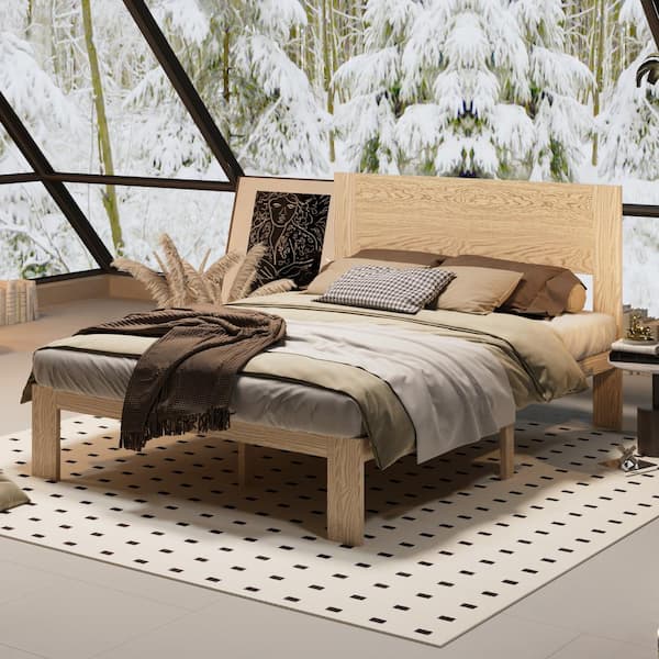 Natural Brown Color Wooden Frame Queen Size Panel Bed