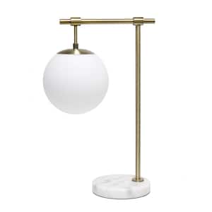 21 in. Antique Brass Modern White Glass Globe Shade Table Desk Lamp with Antique Brass Arm and Marble Base