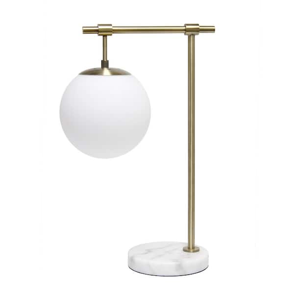 Elegant Designs 21 in. Antique Brass Modern White Glass Globe Shade Table Desk Lamp with Antique Brass Arm and Marble Base