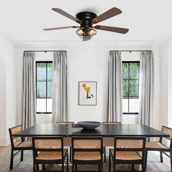 48 in. Indoor Wooden 5-Blade Flush Mount Matte Black Ceiling Fan with Light Kit and Remote Control