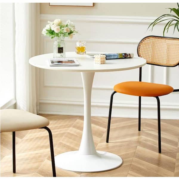 24 in. Round White MDF End Table, Modern Steel Base Tulip Dining Table, Mid-Century Coffee or Accent Table