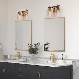 12 in. Modern 2-Light Brass Gold Bathroom Vanity Light, Black Bath Lighting with Cylinder Clear Glass Shades