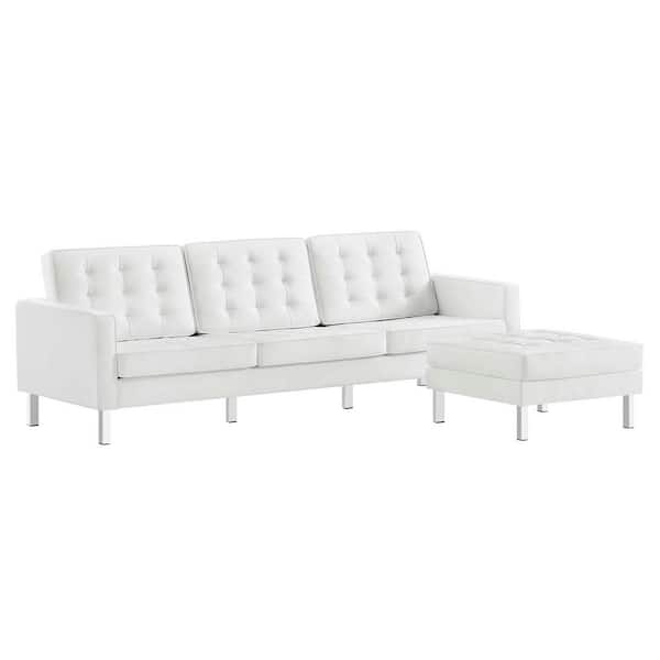 MODWAY Loft Tufted Faux Leather Sofa and Ottoman Set in Silver White
