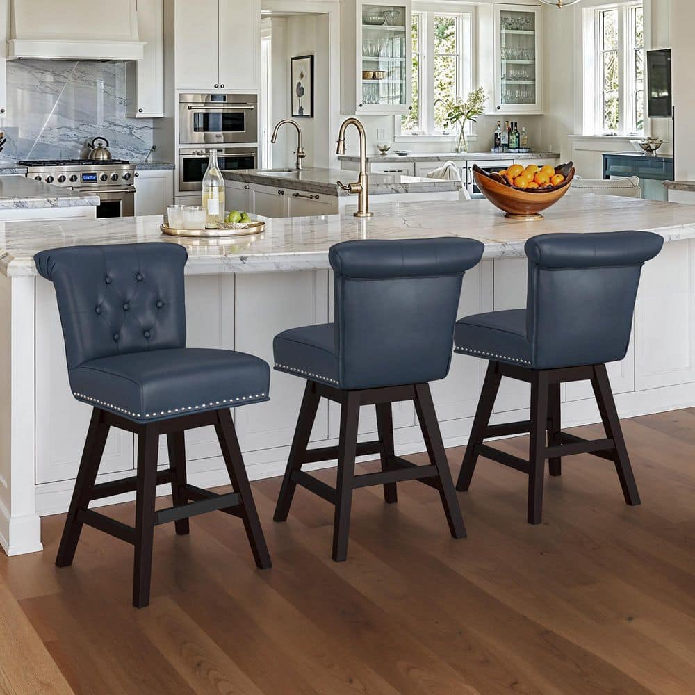 26 in. Dark Blue Faux Leather Swivel Bar Stools-Solid Wood Counter Stools with Tufted Backrest & Nailhead Trim(Set of 3) price history on PriceWatchPro