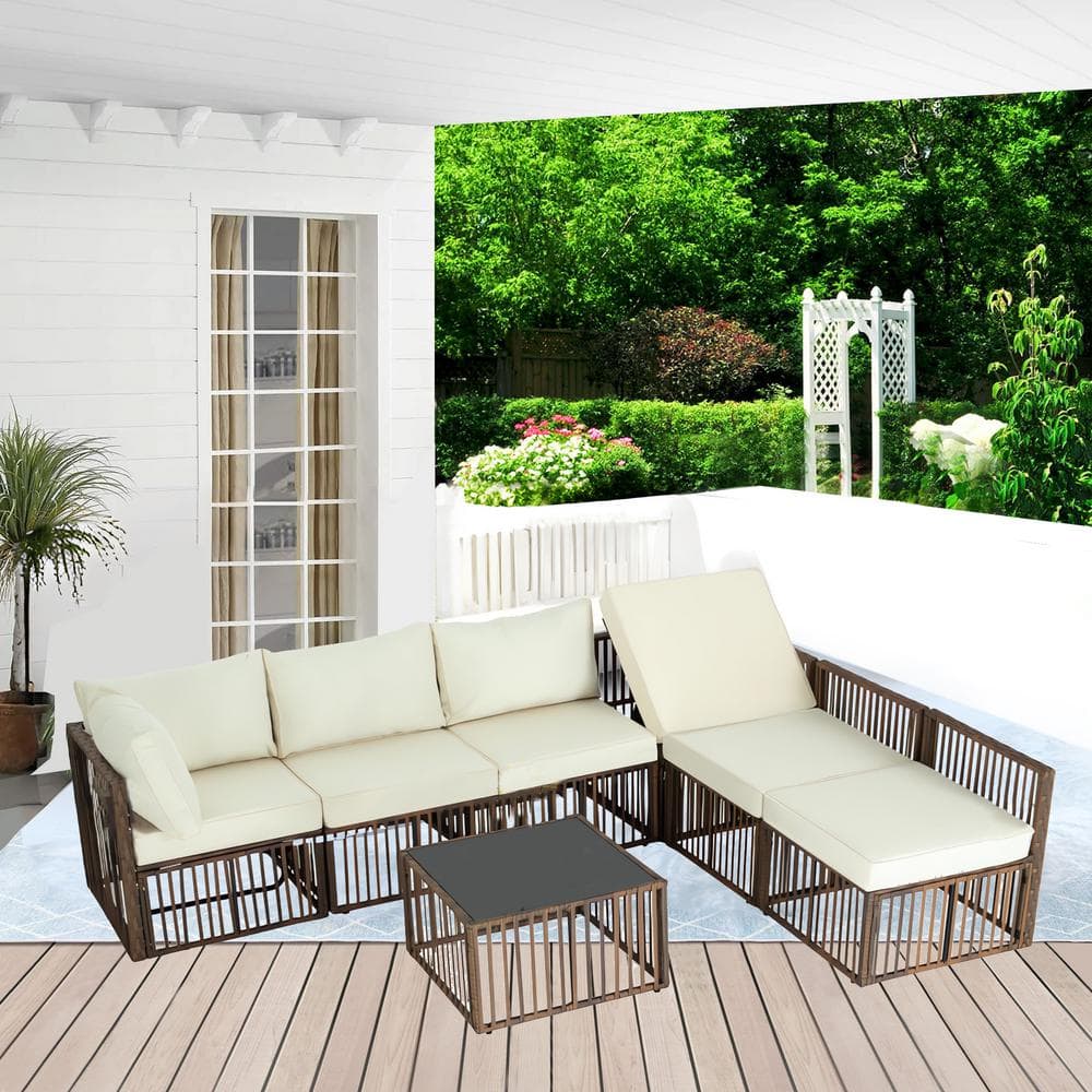 7-Pieces Brown Wicker Sectional Set, Adjustable Chair Patio Furniture Set with Beige Cushions price history on PriceWatchPro