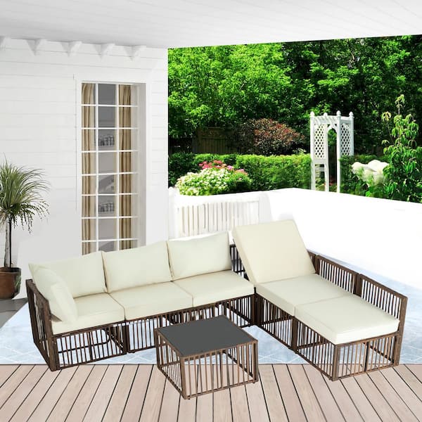 Sudzendf 7-Pieces Brown Wicker Sectional Set, Adjustable Chair Patio Furniture Set with Beige Cushions