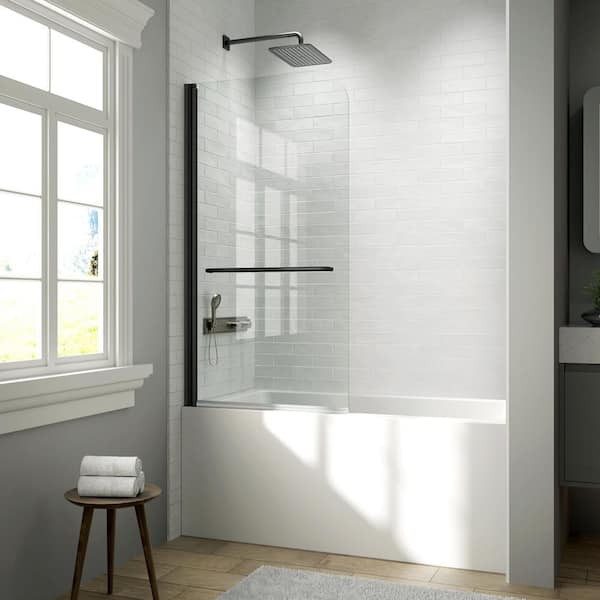 34 in. W x 58 in. H Pivot Framless Tub Door in Matte Black with Clear Tempered Glass