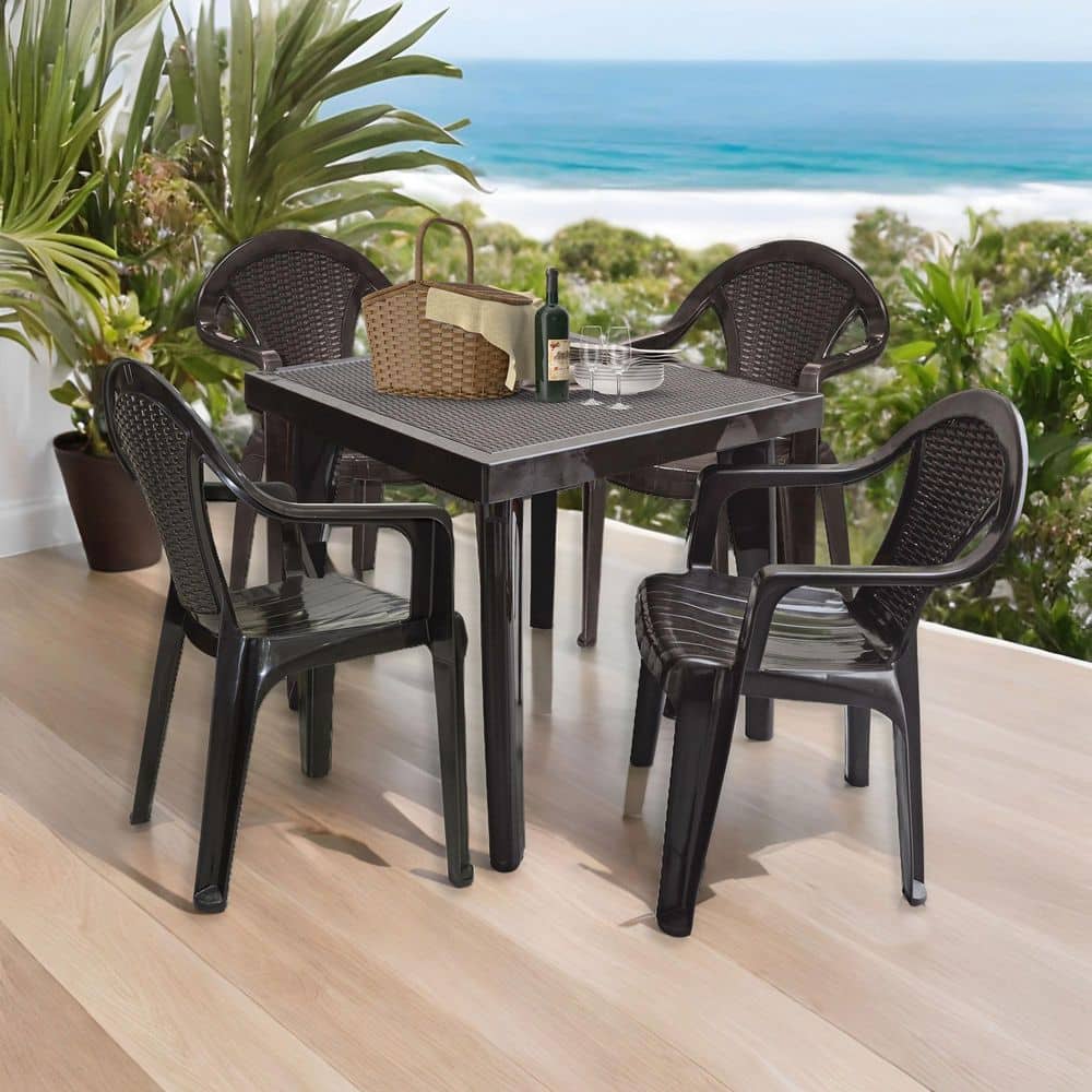 Espresso Polypropylene 4-Person Patio Dining Set with Rattan Look