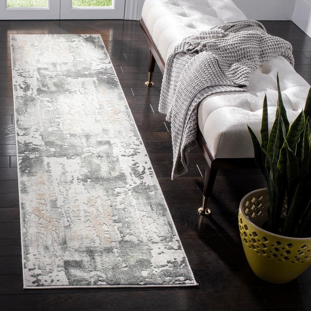 Gray and Beige Abstract Synthetic Runner Rug, 2' x 20'