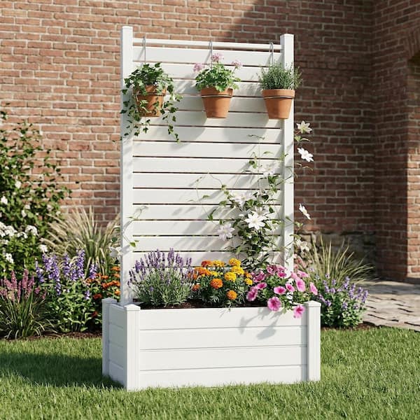 1-Panel 38 in. W x 72 in. H Air Conditioner Fence, No-Dig Kit Vinyl Freestanding Decorative Fences with Planter Box