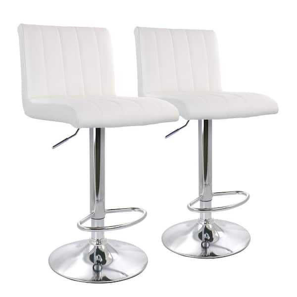 Elama 35 in White and Chrome Medium Back Tufted Faux Leather Bar Stool with Adjustable Height (Set of 2)