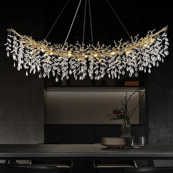 72 in. 20-Light Dimmable Tree Branches Crystal Linear Chandelier, Luxury Kitchen Island Modern Gold Chandelier