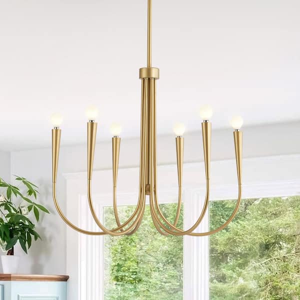 25 in. 6-Light Brushed Gold Farmhouse Chandelier with Swivel Canopy, Adjustable Rods, E12 Base