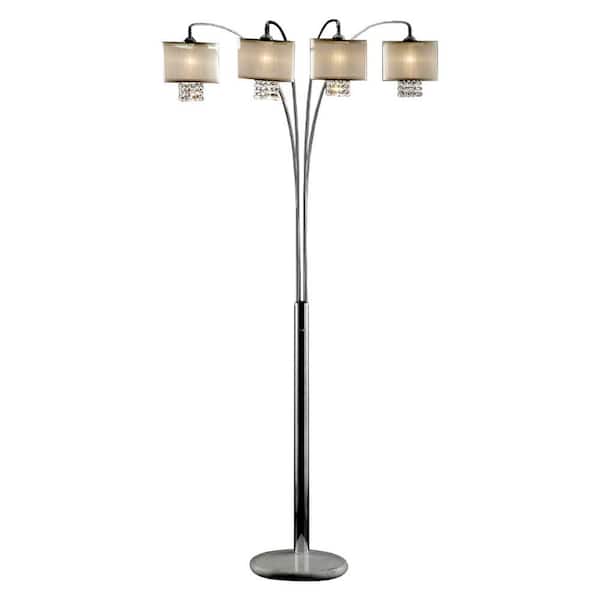 HomeRoots 88 in. Silver 4 Light 1-Way (On/Off) Tree Floor Lamp for Bedroom with Cotton Round Shade