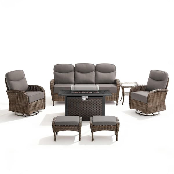 High Crescent 7-Piece Brown Wicker Patio Conversation Set with Gray Cushions and Stree Fire Pit Table