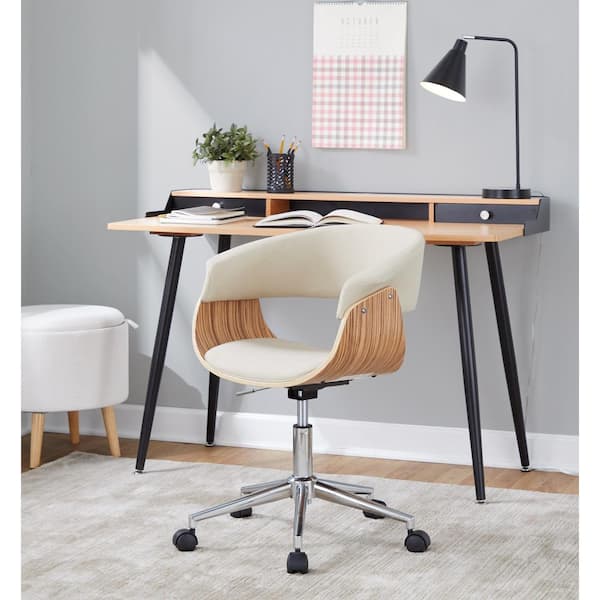 Lumisource Vintage Mod Fabric Adjustable Height Office Chair in Cream Fabric, Zebra Wood and Chrome Metal with 5-Star Caster Base