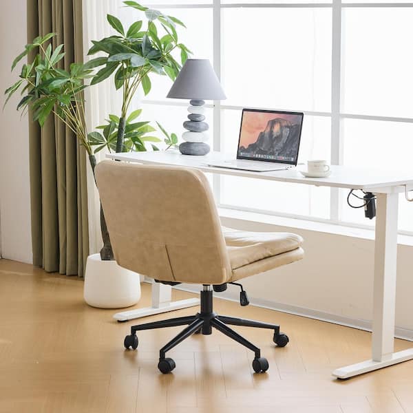 Oil-Waxed Leather Seat Swivel Adjustable Office Chair in Ivory