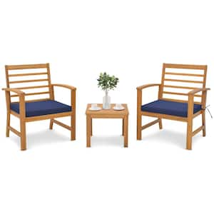 3-Pieces Acacia Wood Patio Conversation Set with Soft Seat Navy Cushions Outdoor