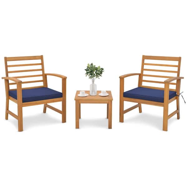Gymax 3-Pieces Acacia Wood Patio Conversation Set with Soft Seat Navy Cushions Outdoor