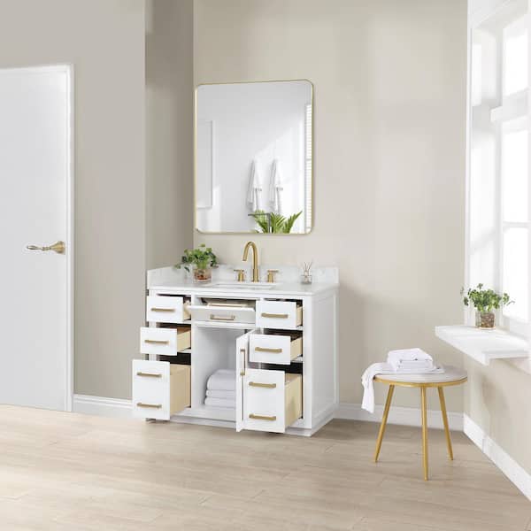 Gavino 42 in.W x 22 in.D x 34 in.H Bath Vanity in White with Grain White Composite Stone Top and Mirror