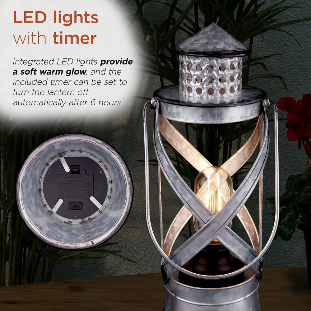 Vintage Silver Metal Hurricane Lantern with LED Lights