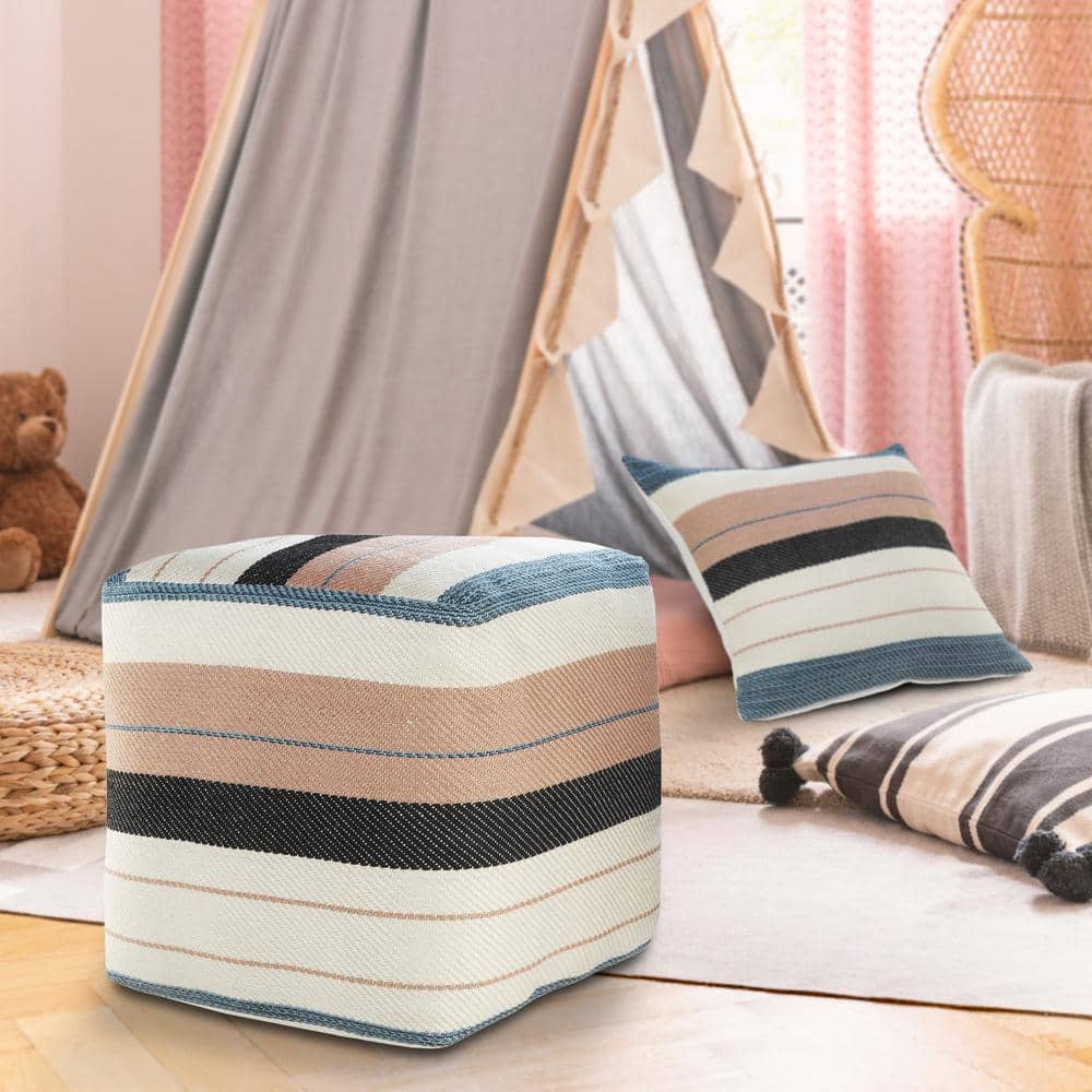Multicolor Striped Polyester Indoor/Outdoor Pouf Ottoman
