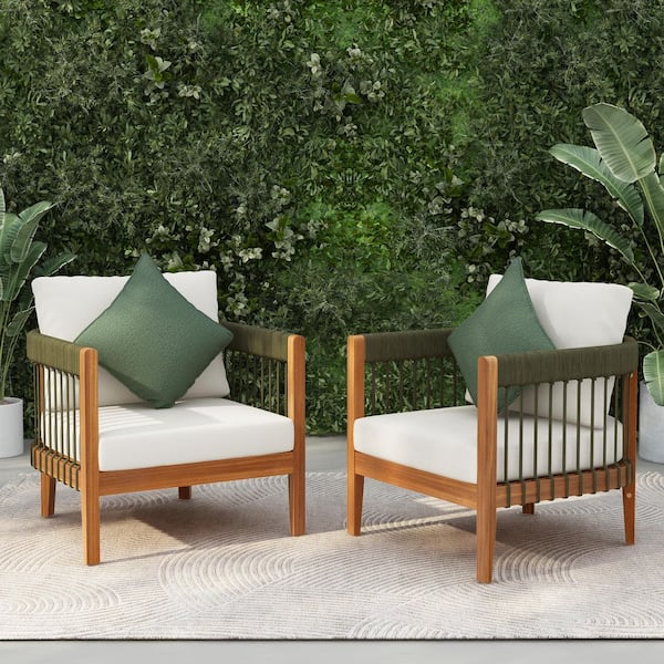 Francisco Green Finish Solid Wood and Woven Rope Patio Outdoor Lounge Chairs with Beige Cushions, Pillows, Set of 2