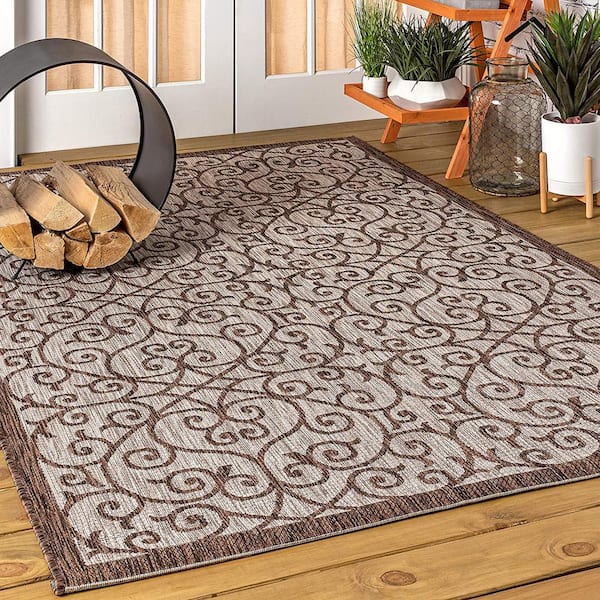 Brown Polypropylene 5 ft. x 8 ft. Oriental Indoor/Outdoor Area Rug