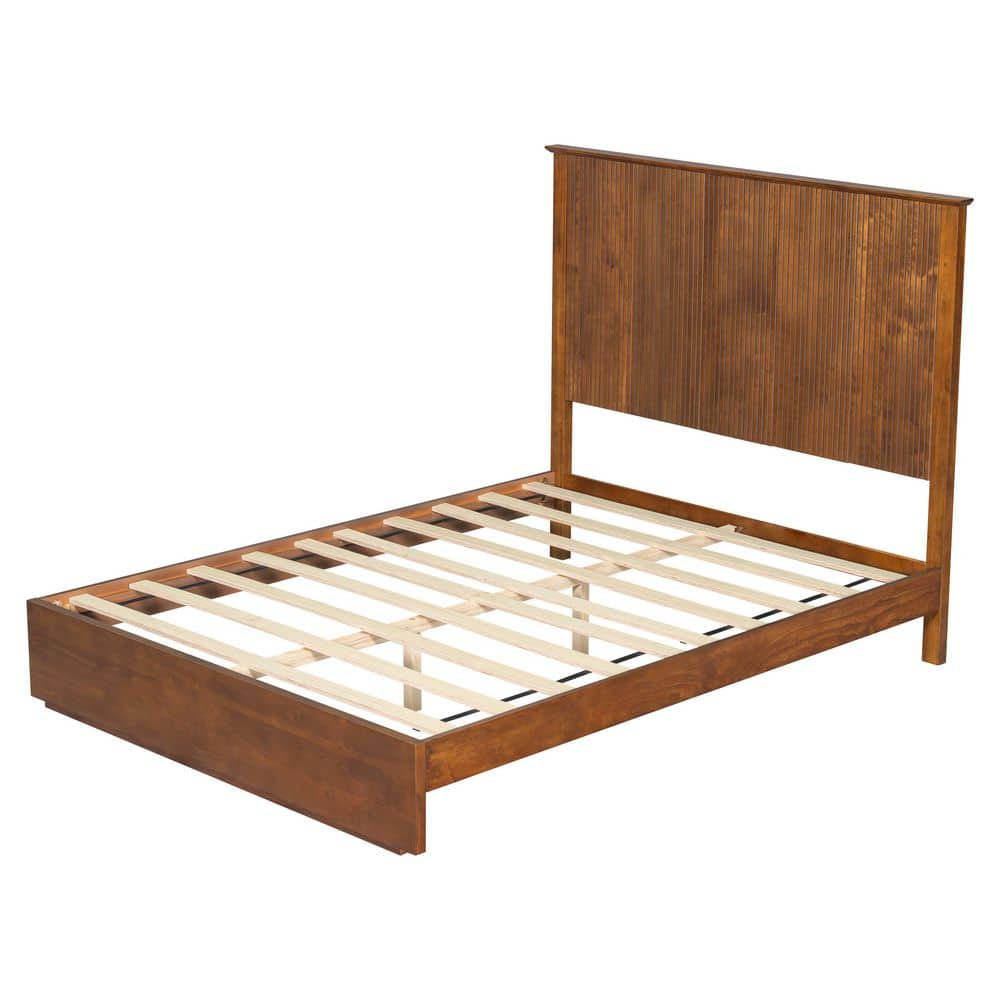 Zelina Stylish Brown Solid Wood Frame Queen Size Platform Bed with Slatted Headboard - thumbnail 5