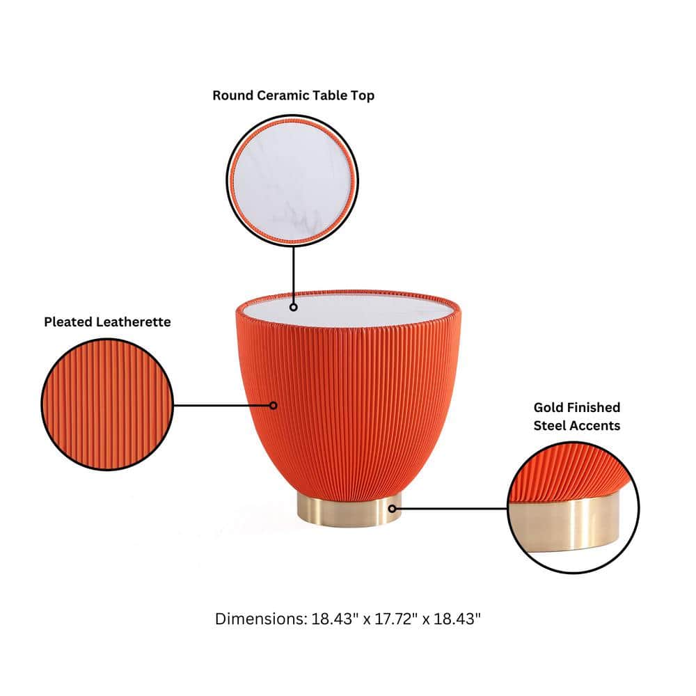 Orange Pleated Leatherette and Gold Metal Round Accent Table Set