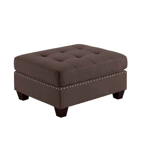 Benjara Coffee Brown Linen Square Accent Ottoman
