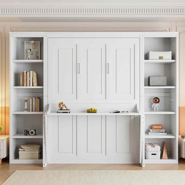 White Wood Frame Full Size Murphy Bed with Desk and Bookshelf