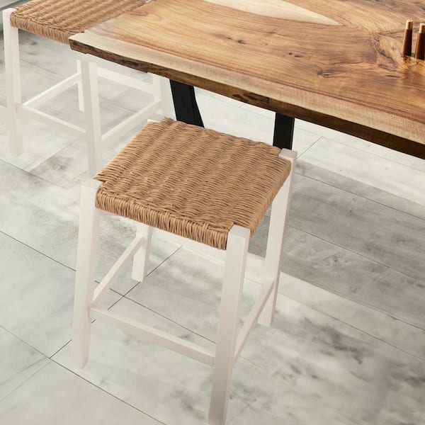 Alaterre Furniture Newport 24 in. H White Wood Counter Height Stool 24 with Handcrafted Woven Rope Seat